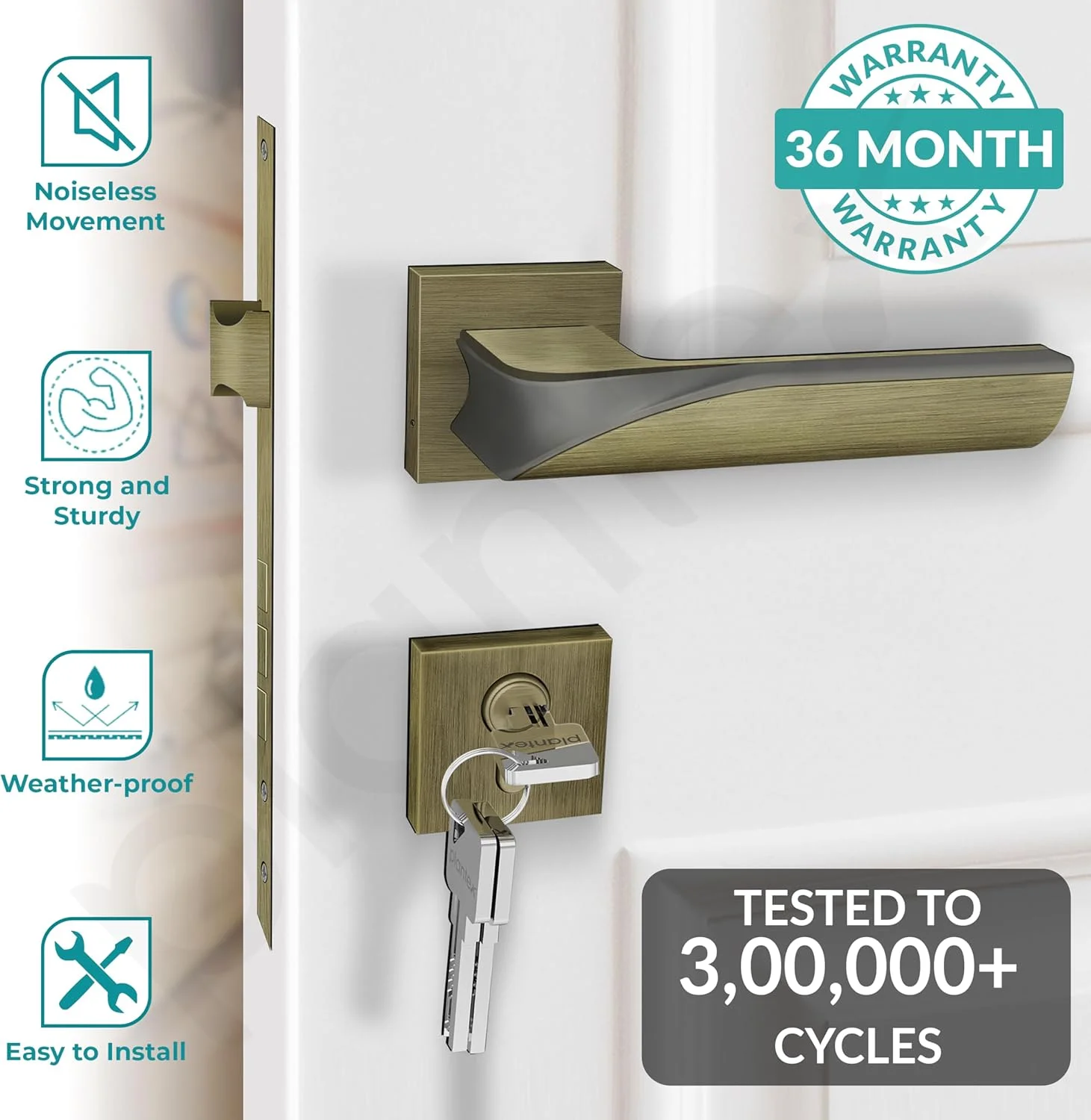 ست قفل درب سنگین Plantex 7086 با زبانه و دستگیره برای تمام درب های خانه/اداره/هتل ها (برنجی عتیقه و مشکی ساتن - مات) - ست قفل درب توکار