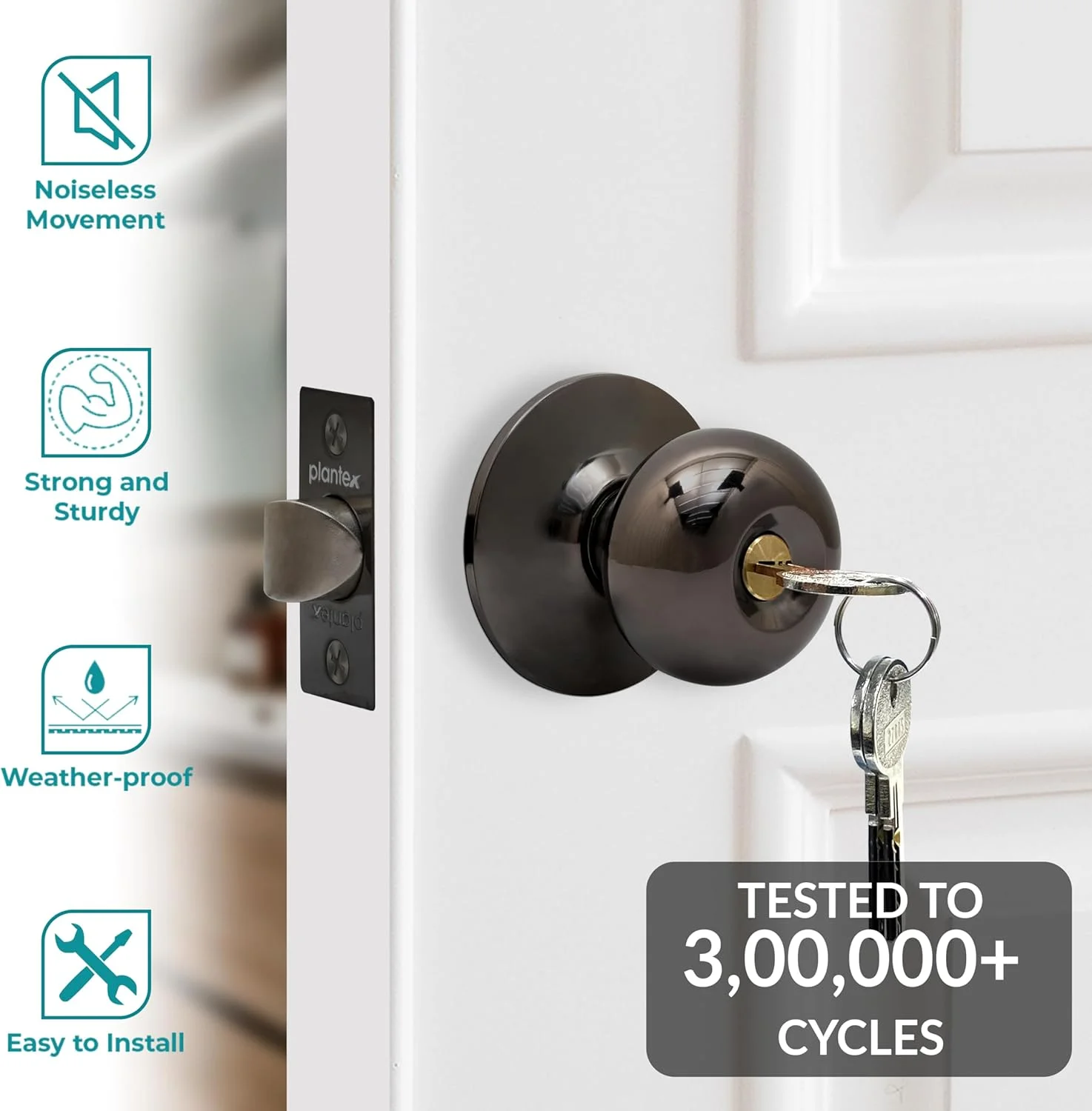 قفل درب استیل ضد زنگ پلنتکس - قفل درب استوانه ای با 3 کلید / دستگیره درب لوله ای / قفل برای درب اصلی / اتاق خواب (مشکی براق)