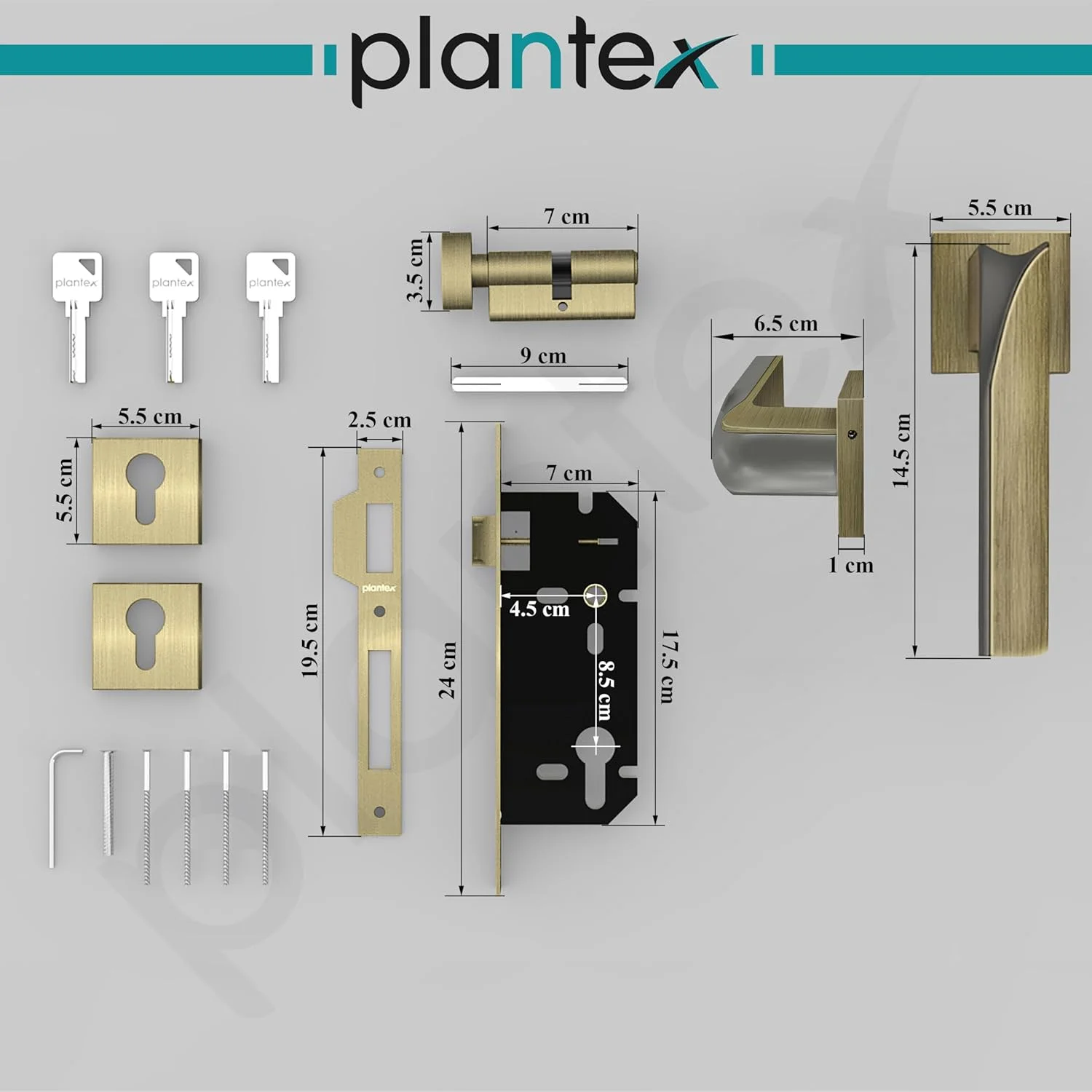 ست قفل درب سنگین Plantex 7086 با زبانه و دستگیره برای تمام درب های خانه/اداره/هتل ها (برنجی عتیقه و مشکی ساتن - مات) - ست قفل درب توکار