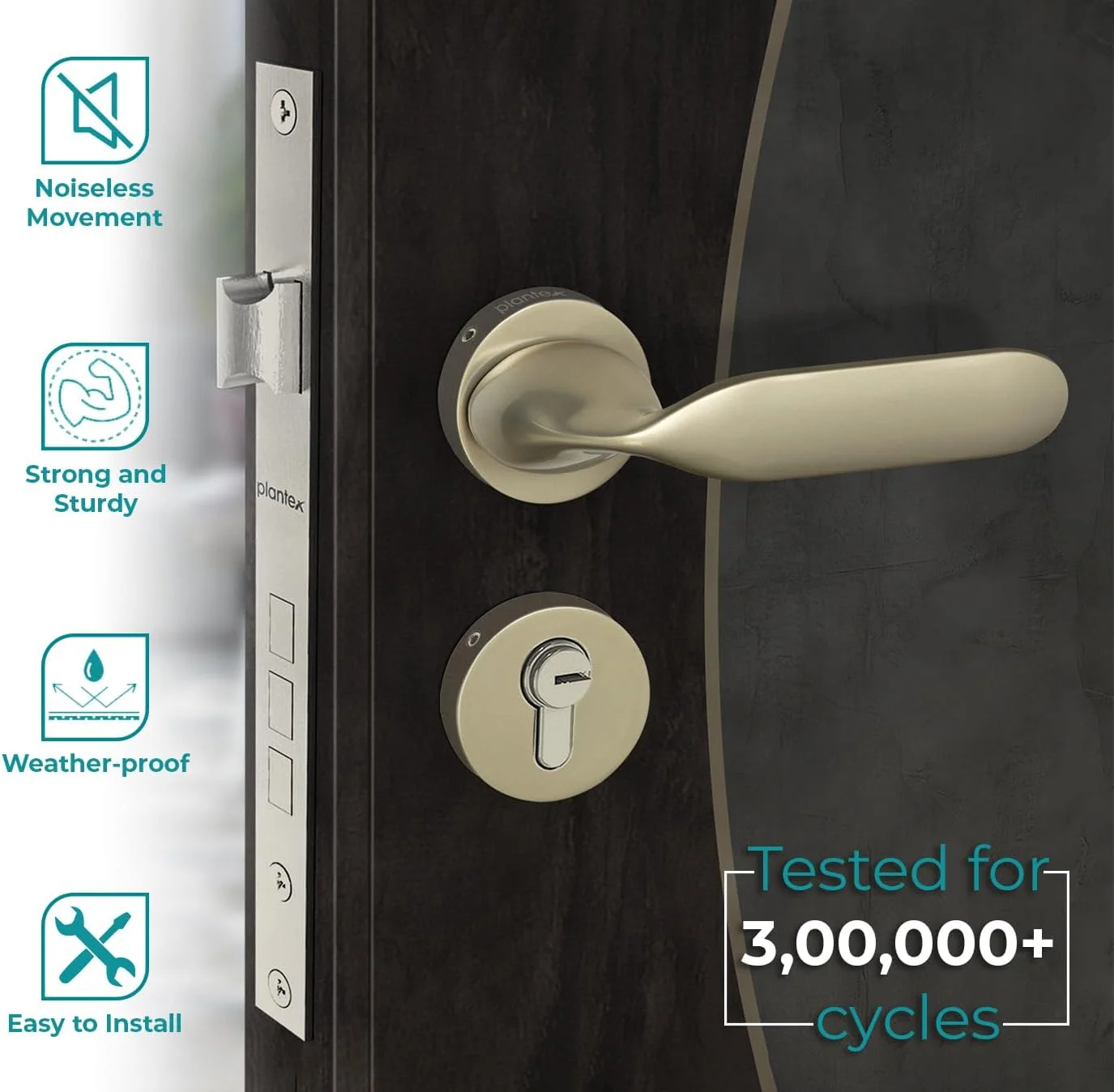 قفل زبانه ای سنگین Plantex 7106 به همراه دستگیره درب، مناسب برای درب اصلی منزل، دارای دستگیره کششی/فشاری برای اتاق خواب/اداره/هتل به همراه 3 کلید (سفید ساتن)