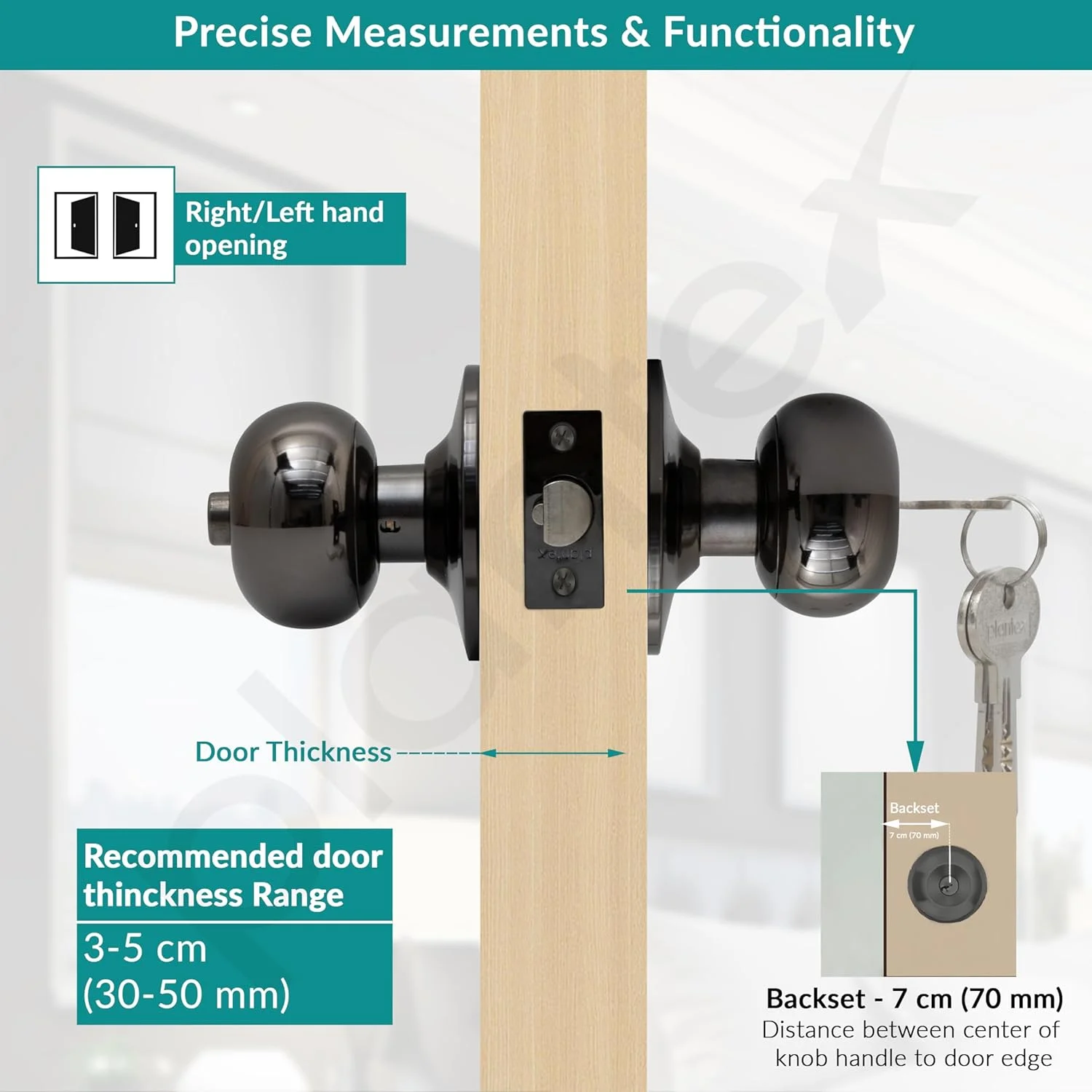 قفل درب استیل ضد زنگ پلنتکس - قفل درب استوانه ای با 3 کلید / دستگیره درب لوله ای / قفل برای درب اصلی / اتاق خواب (مشکی براق)