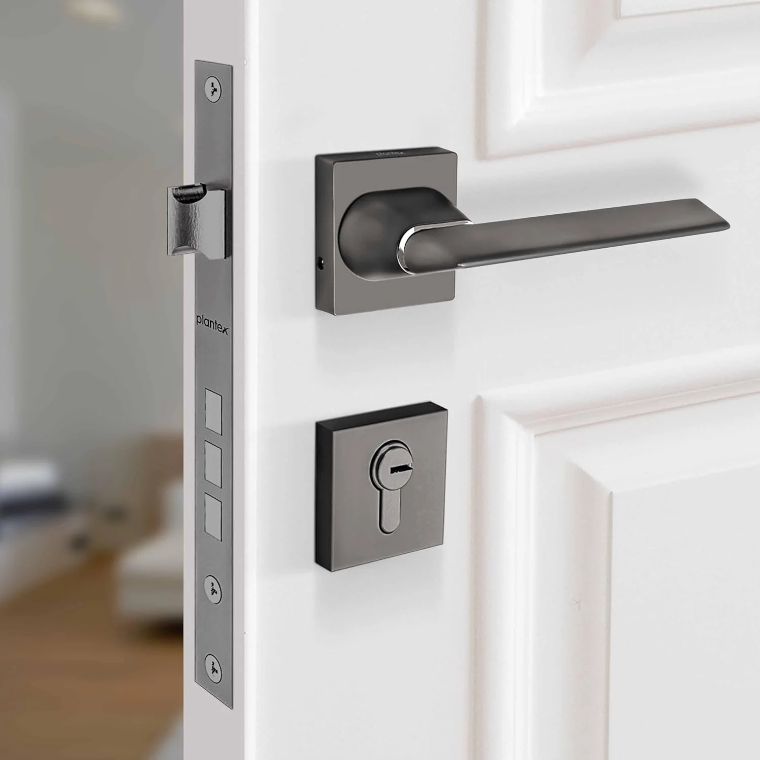 دستگیره قفل درب سنگین Plantex به همراه زبانه برای تمام درب های خانه/اداره/هتل (مشکی اطلسی و مات) - قفل دستگیره درب توکار برای خانه