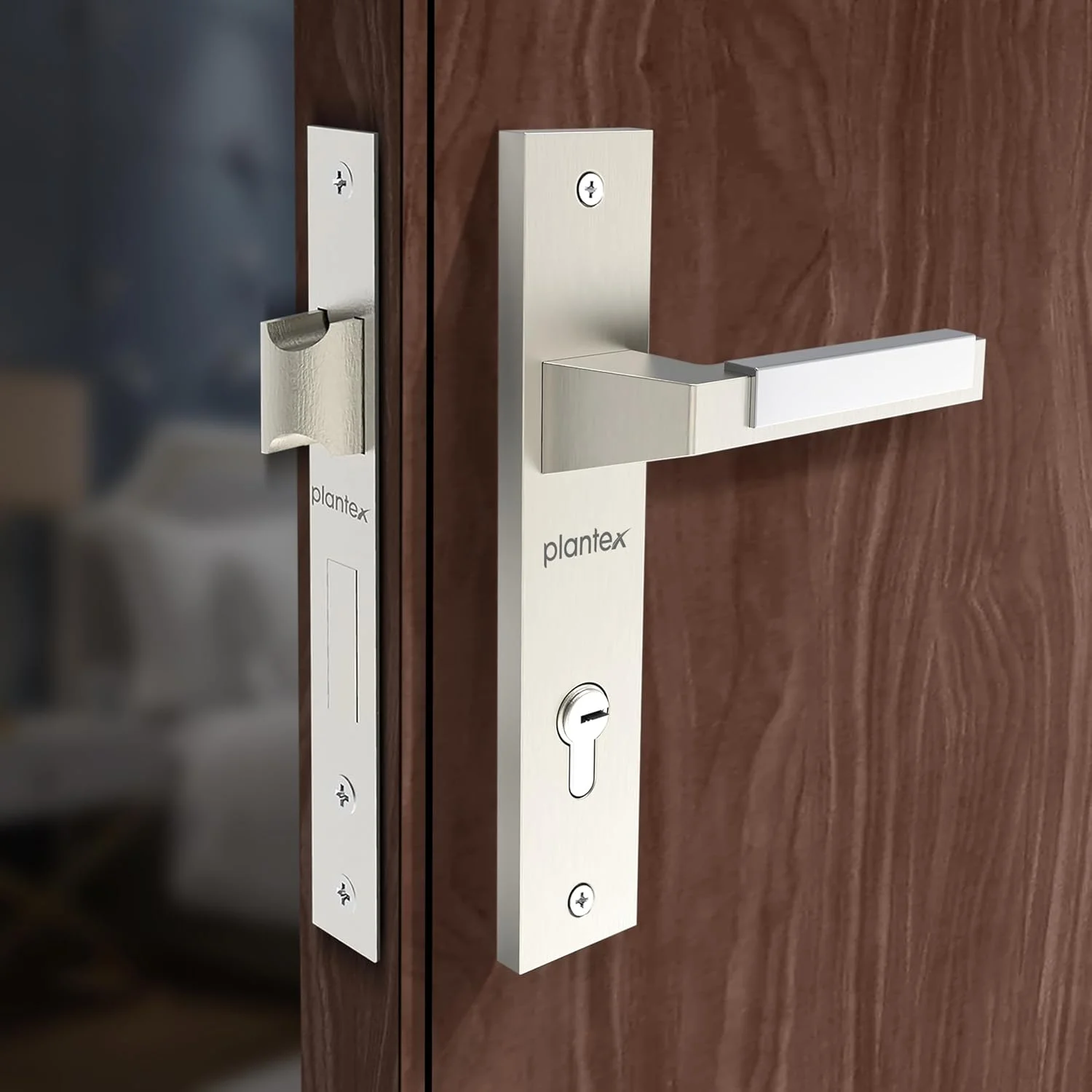 قفل درب اصلی/درب ورودی Plantex برنجی سنگین با 3 کلید، مناسب منزل/اداره/هتل (8001- کروم و مات)