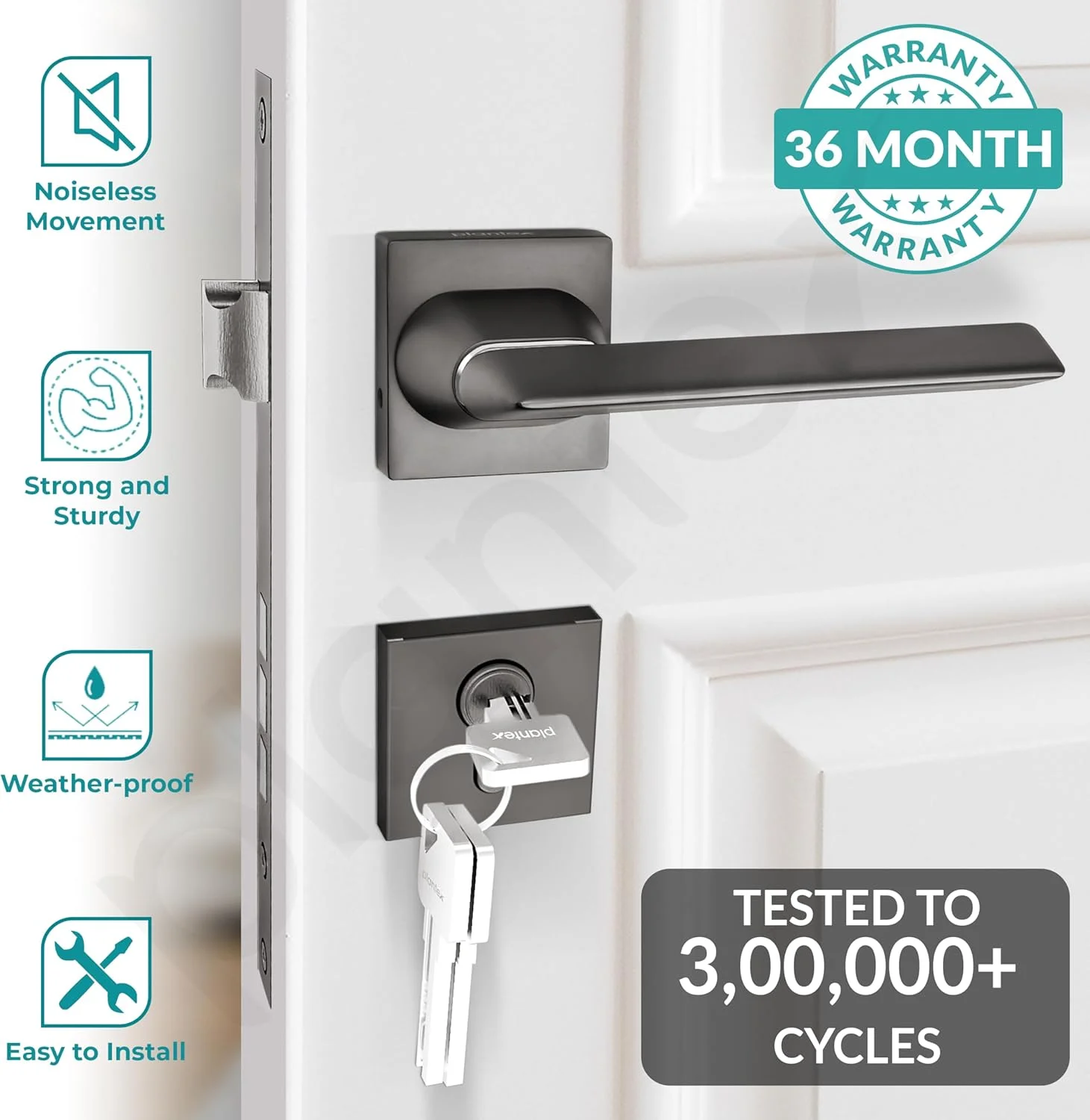 دستگیره قفل درب سنگین Plantex به همراه زبانه برای تمام درب های خانه/اداره/هتل (مشکی اطلسی و مات) - قفل دستگیره درب توکار برای خانه