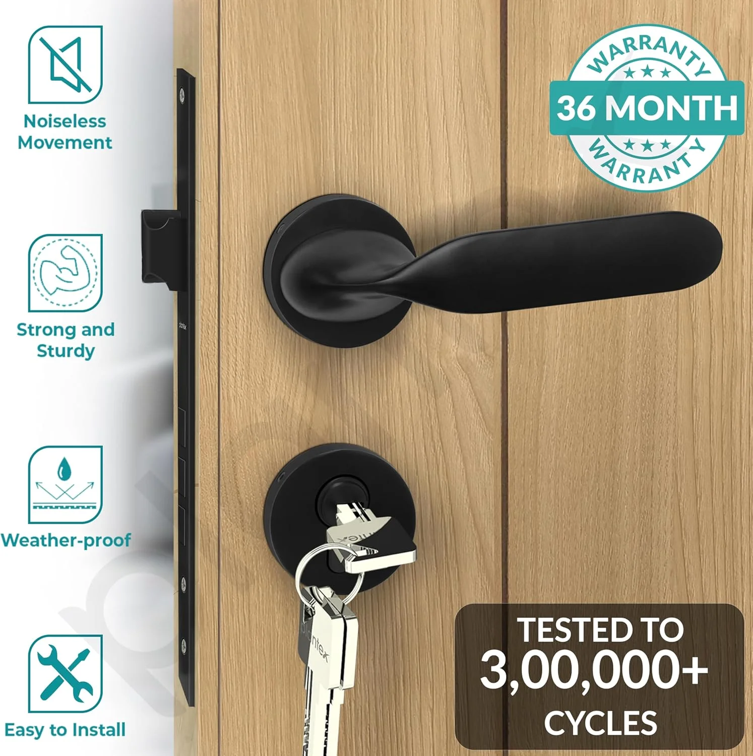 قفل زبانه ای سنگین Plantex 7106 به همراه دستگیره درب، مناسب برای درب اصلی منزل، دارای دستگیره کششی/فشاری برای اتاق خواب/اداره/هتل، به همراه 3 کلید (مشکی)