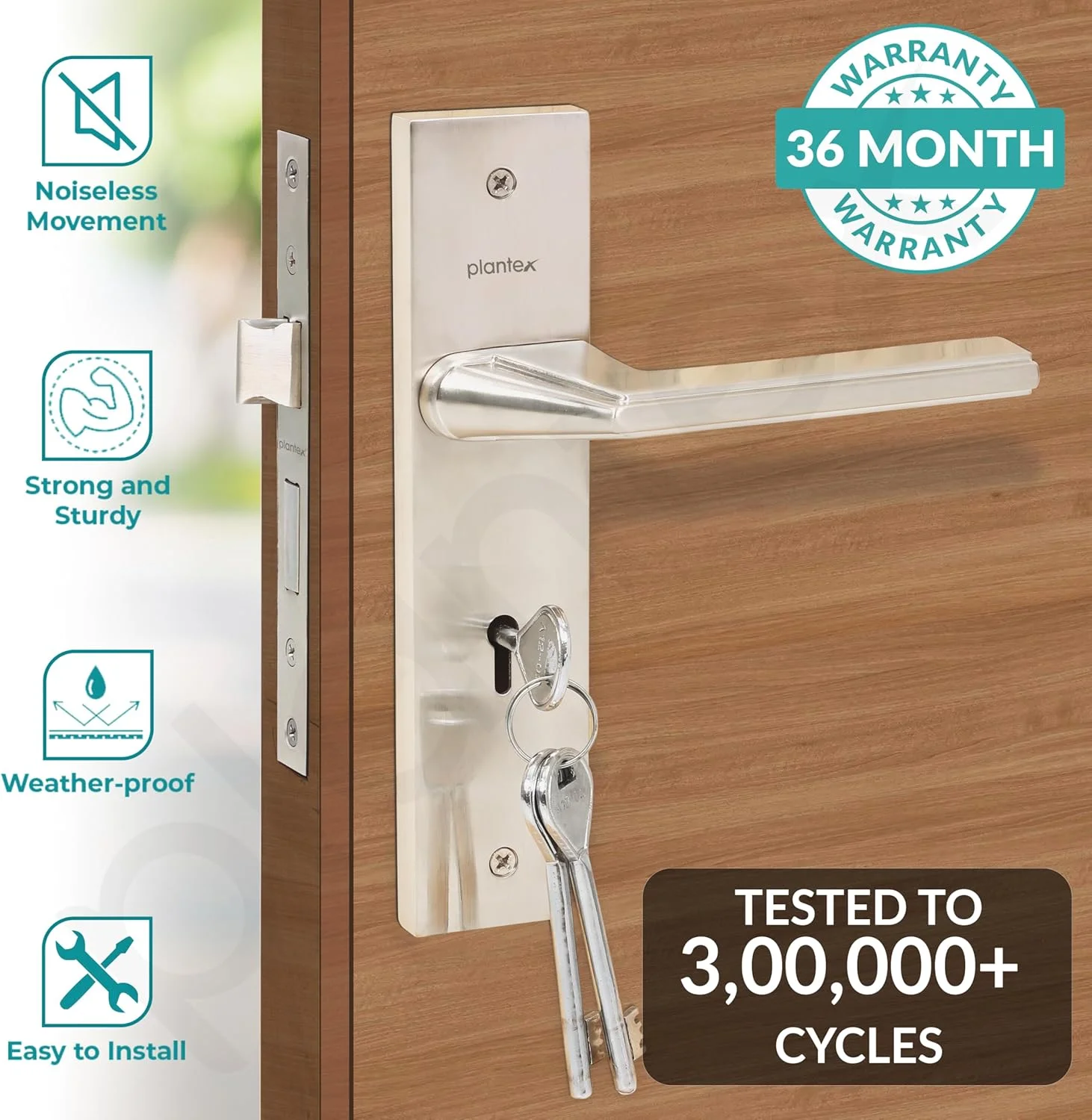 قفل درب سنگین پلنتکس - ست قفل درب اصلی با 3 کلید / قفل زبانه دار برای خانه / دفتر / هتل (APS-8122-Matt)