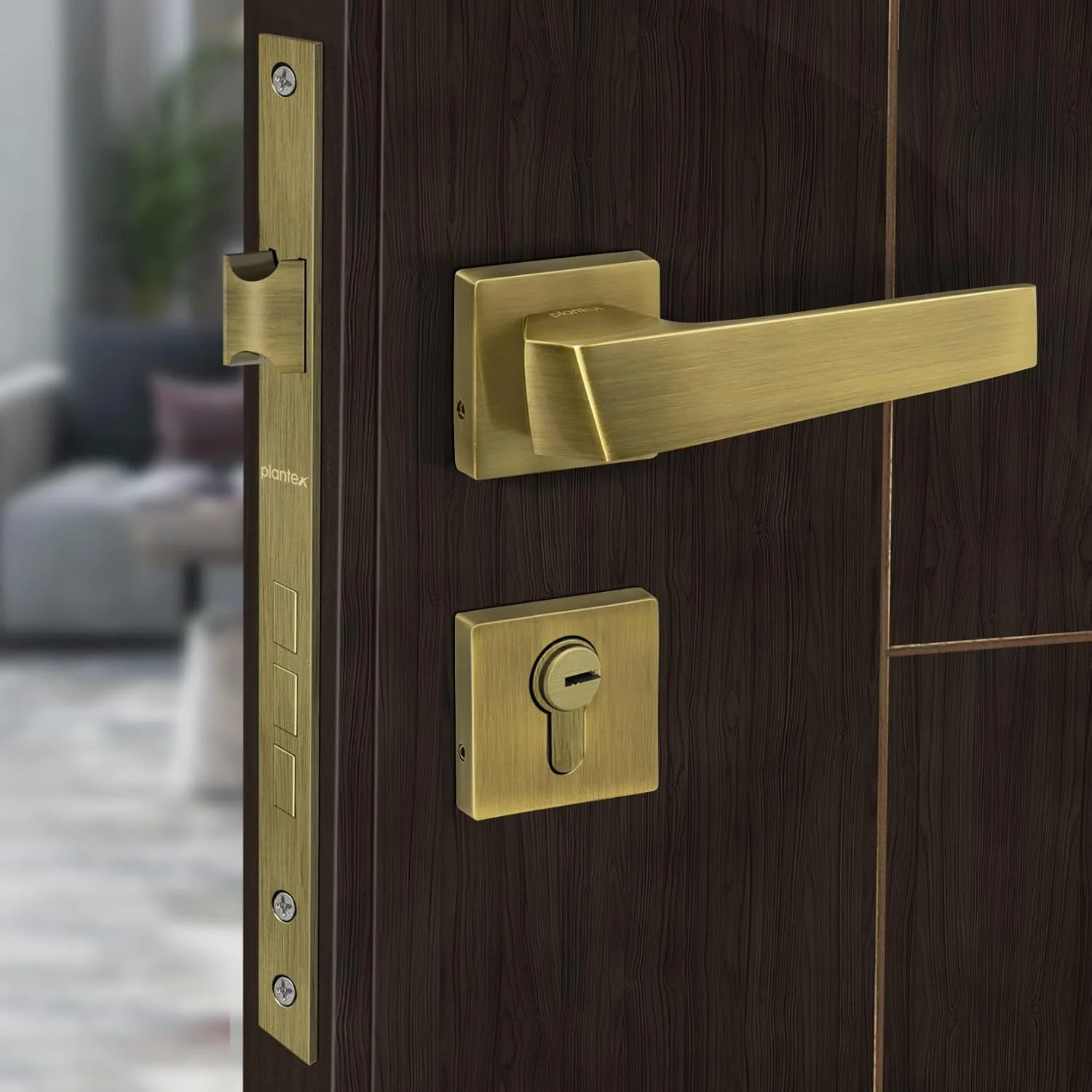 قفل زبانه ای سنگین برنجی Plantex Sumer 3015 با دستگیره درب، مناسب برای درب اصلی منزل، با دستگیره کششی/فشاری برای اتاق خواب/اداره/هتل به همراه 4 کلید (رنگ برنجی عتیقه)