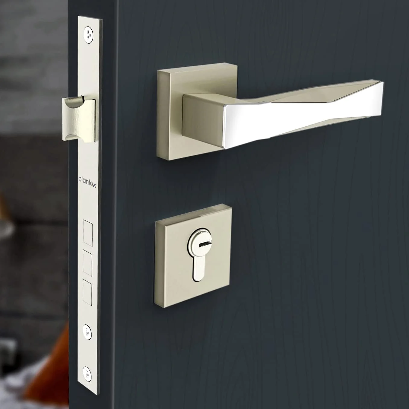 قفل درب اصلی Plantex / قفل زبانه ای برای درب - قفل درب مستحکم برای خانه با بدنه و سیلندر برنجی (7085 - کروم و سفید ساتن)