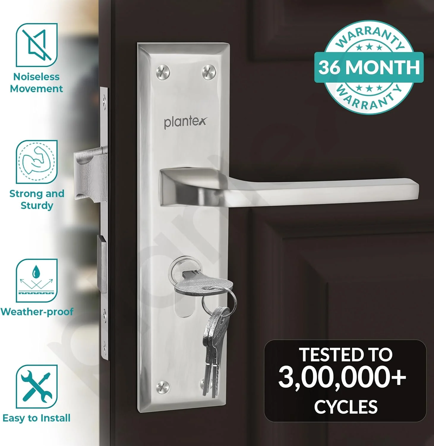 قفل درب سنگین پلنتکس - ست قفل درب اصلی با 3 کلید / قفل توکار برای درب منزل / اداره / هتل (PTP-04 مات)