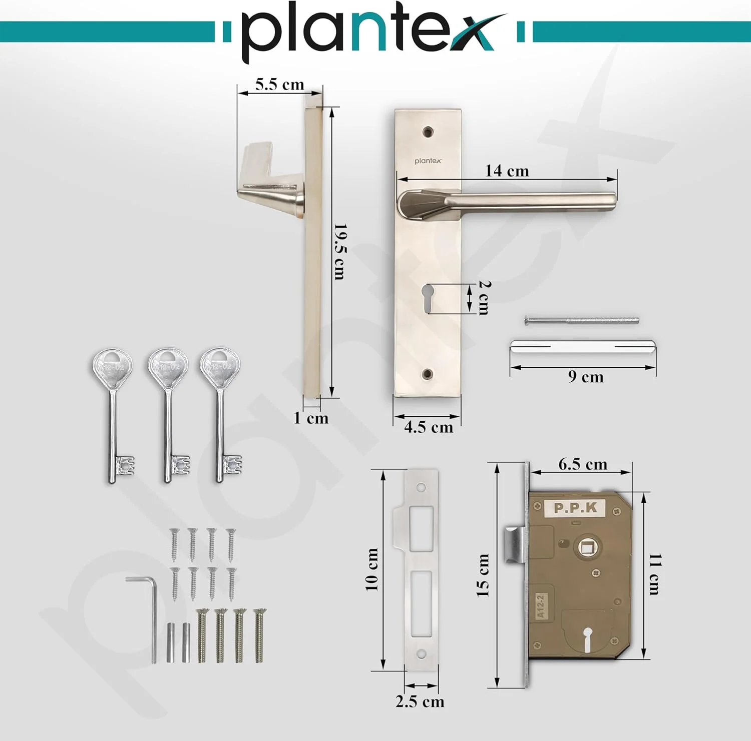 قفل درب سنگین پلنتکس - ست قفل درب اصلی با 3 کلید / قفل زبانه دار برای خانه / دفتر / هتل (APS-8122-Matt)