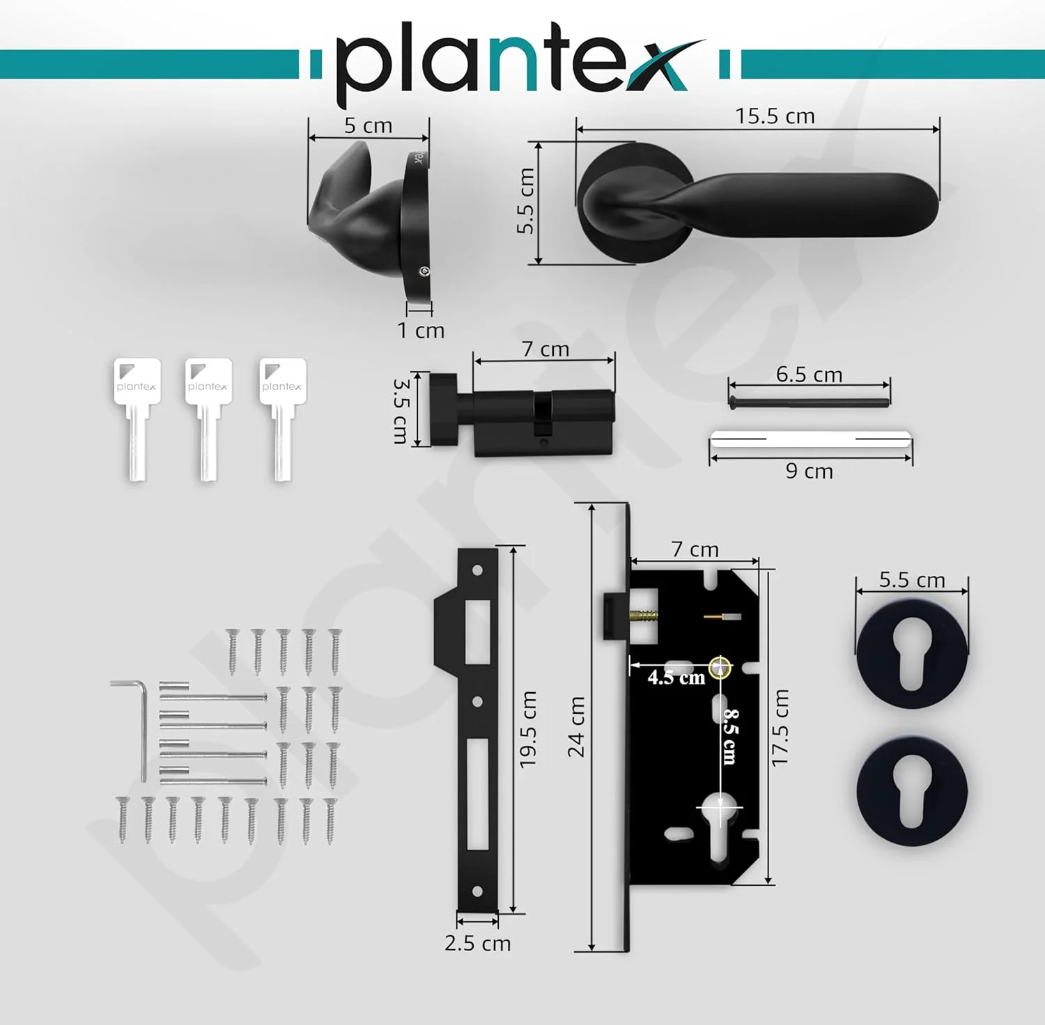 قفل زبانه ای سنگین Plantex 7106 به همراه دستگیره درب، مناسب برای درب اصلی منزل، دارای دستگیره کششی/فشاری برای اتاق خواب/اداره/هتل، به همراه 3 کلید (مشکی)