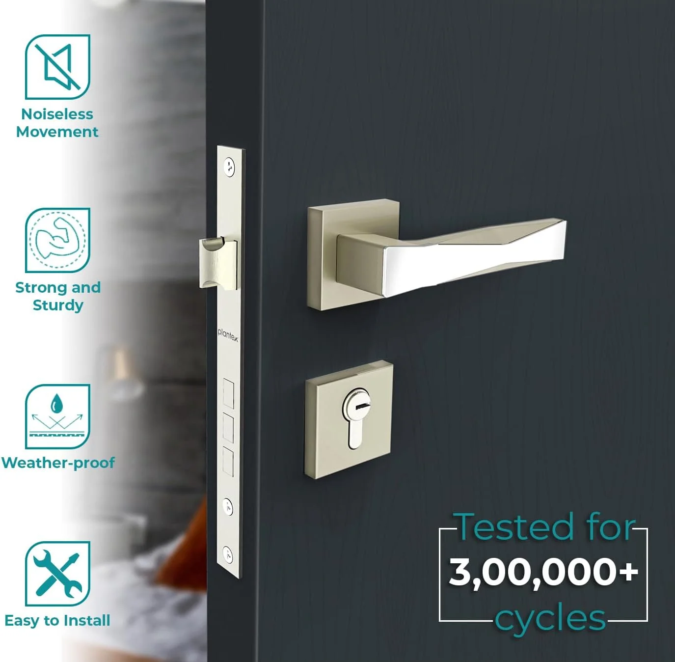 قفل درب اصلی Plantex / قفل زبانه ای برای درب - قفل درب مستحکم برای خانه با بدنه و سیلندر برنجی (7085 - کروم و سفید ساتن)