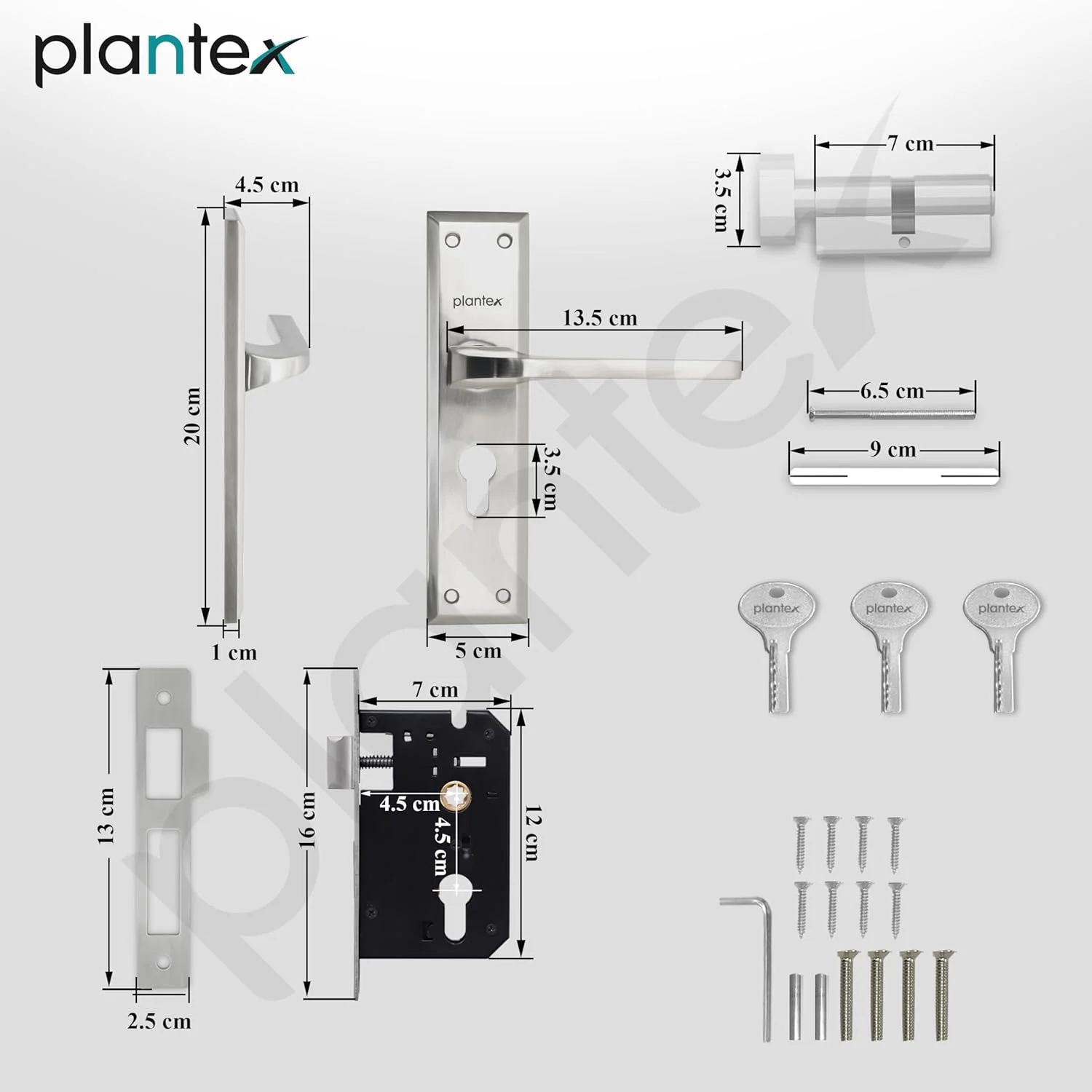 قفل درب سنگین پلنتکس - ست قفل درب اصلی با 3 کلید / قفل توکار برای درب منزل / اداره / هتل (PTP-04 مات)