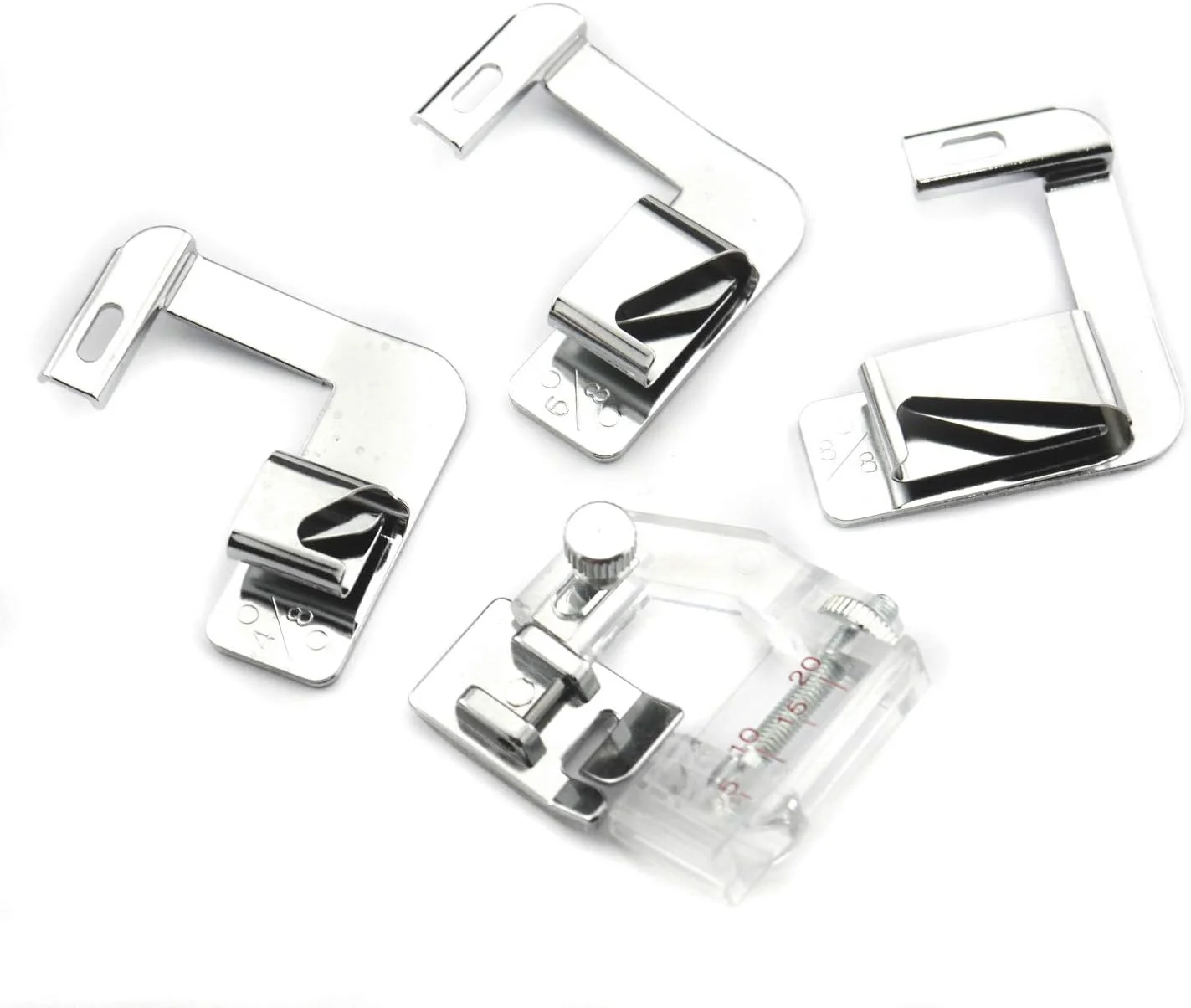 ست 4 عددی پایه های دوخت نوار اریب قابل تنظیم 5 میلی متری 06D3D0005 و پایه لب تو 1 اینچی، 1/2 اینچی و 3/4 اینچی برای تمام چرخ خیاطی های پایه کوتاه Singer، Brother، Babylock، Janome (New Home) مدل 6290