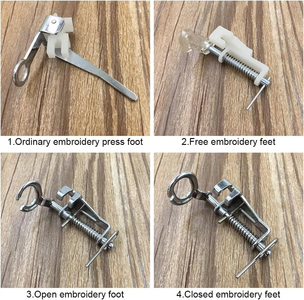 ست 4 عددی پایه های فلزی بزرگ مخصوص رفو و حرکت آزاد شامل پایه های انگشتی بسته، انگشتی باز، لحاف دوزی و گلدوزی برای چرخ خیاطی