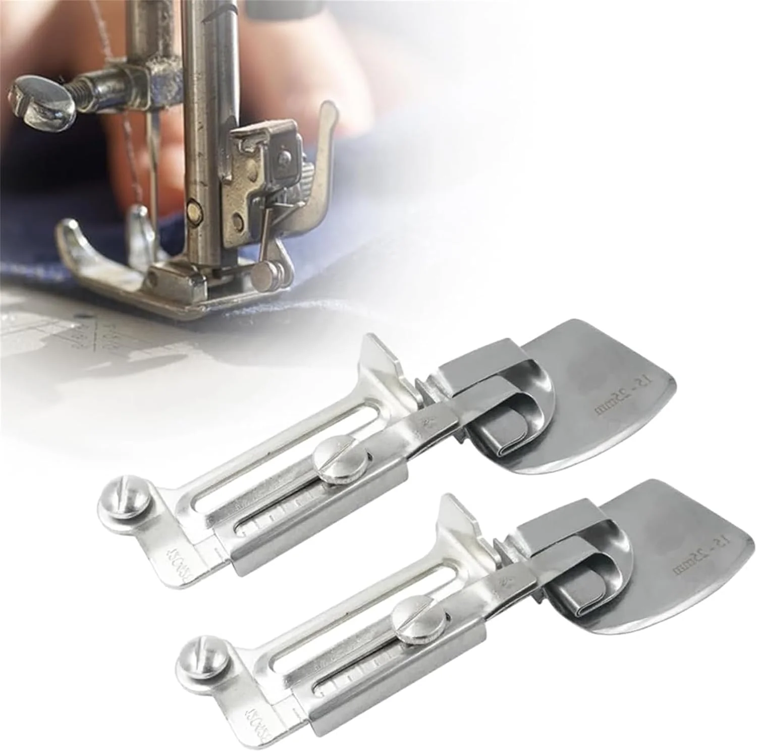 پایه لب تو (تولون) چرخ خیاطی قابل تنظیم، مدل ارتقا یافته 2024، 12-20 میلی متر و 15-25 میلی متر، ست پایه لب تو (تولون) چرخ خیاطی جهانی قابل تنظیم، لوازم جانبی چرخ خیاطی پایه فشار دهنده لب تو (تولون) قابل تنظیم (2 عدد 15-25 میلی متر)