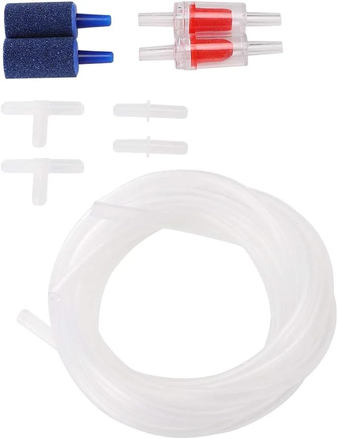 مجموعه لوازم جانبی استاندارد پمپ هوای آکواریوم شامل لوله هوا، سنگ هوا، شیر یک طرفه و اتصالات