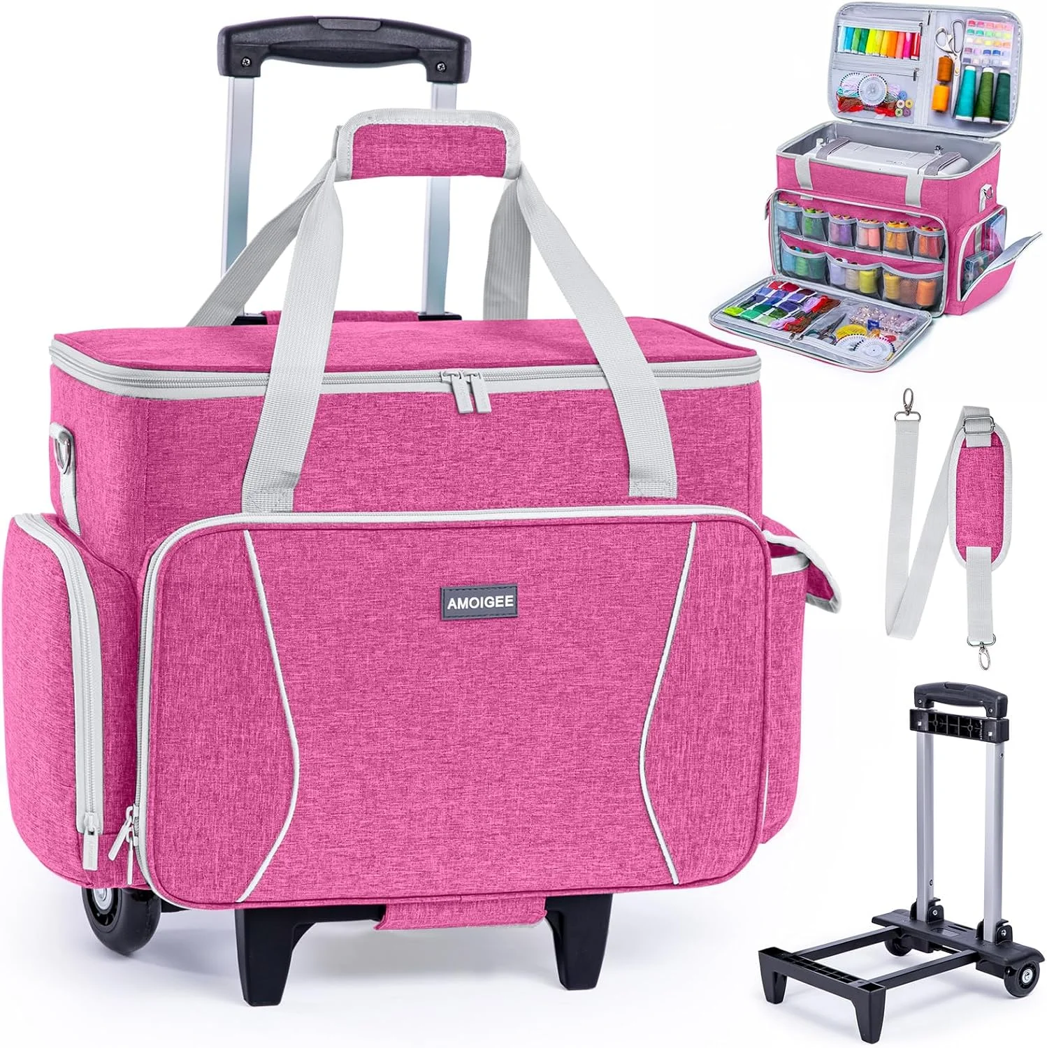 کیف چرخ خیاطی چرخ دار AMOIGEE - کیف چرخ خیاطی با قاب چرخ های جداشدنی، کیف ترولی با پد جداشدنی، مناسب برای اکثر ماشین های استاندارد سازگار با Singer، Brother، Janome