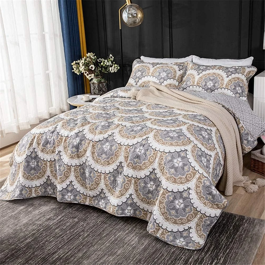 روتختی پنبه‌ای طرح‌دار سه تکه 230x250 سانتی‌متر، طرح بادبزنی بژ، دو رو، لحاف تکه‌ای، ملحفه و ست رختخواب