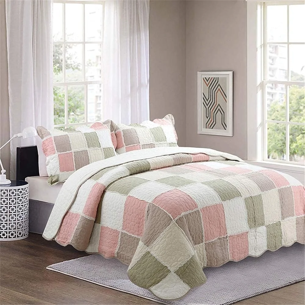 ست روتختی با 2 روبالشی لحافی، طرح تکه دوزی مربعی رنگی، روتختی 230 در 250 سانتی متر، طرح لحاف تخت دونفره، بنفش، صورتی