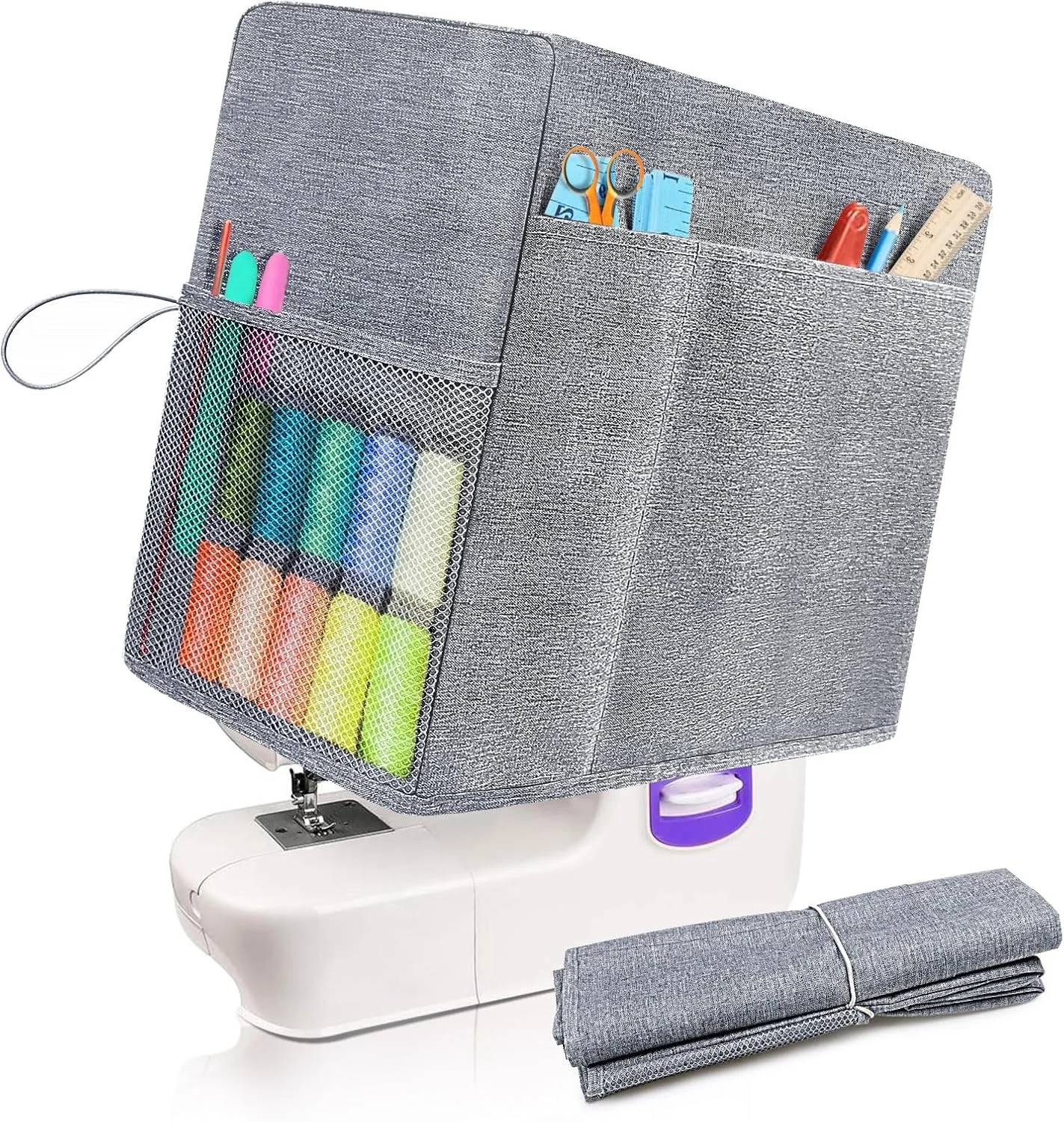 روکش چرخ خیاطی ALSLEA با 4 جیب ذخیره سازی، روکش محافظ تاشو چرخ خیاطی سازگار با اکثر چرخ خیاطی های استاندارد برادر و سینگر (خاکستری)