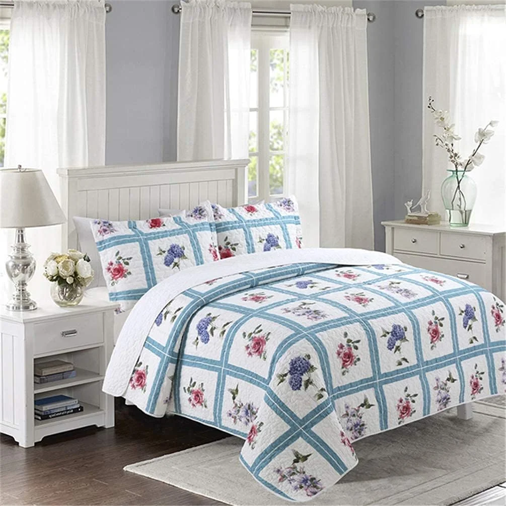 روتختی طرح دار 220x240 سانتی متر + 2 روبالشتی 50x70 سانتی متر، لحاف دو نفره، طرح تکه دوزی، آبی