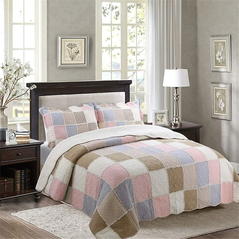ست روتختی GBMULG با 2 روبالشتی لحافی، طرح تکه دوزی مربعی رنگی، رو تختی 230 در 250 سانتی متر، طرح لحاف دو نفره، بنفش، قهوه ای