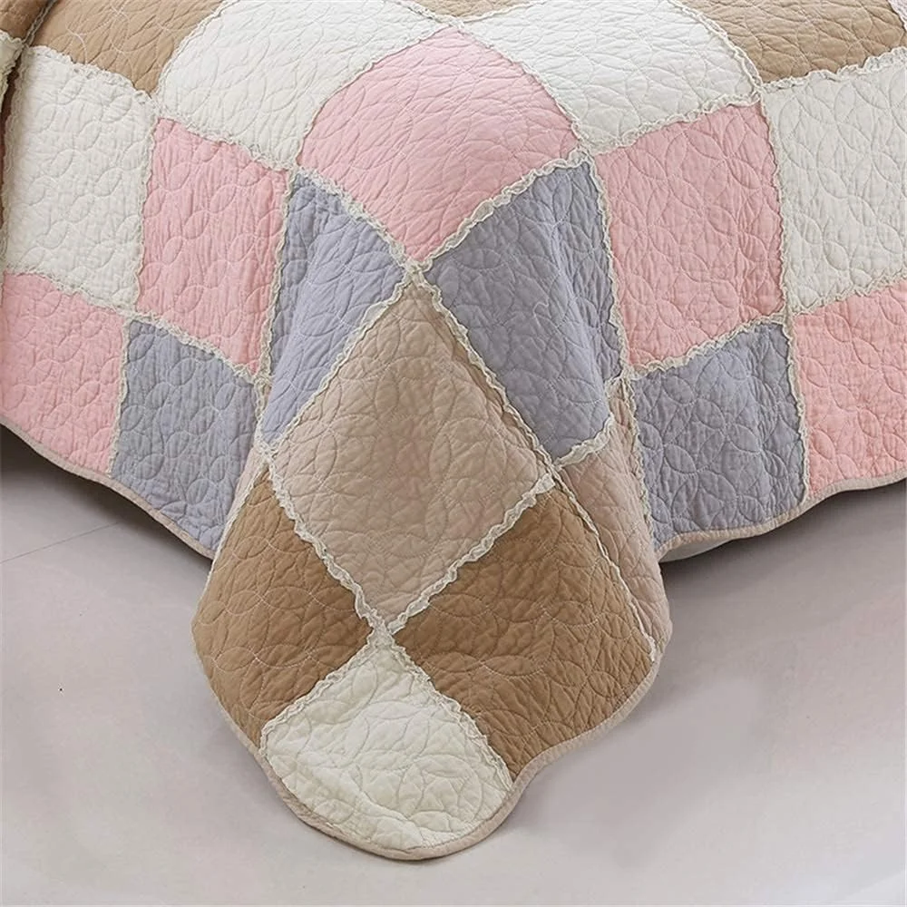 ست روتختی GBMULG با 2 روبالشتی لحافی، طرح تکه دوزی مربعی رنگی، رو تختی 230 در 250 سانتی متر، طرح لحاف دو نفره، بنفش، قهوه ای