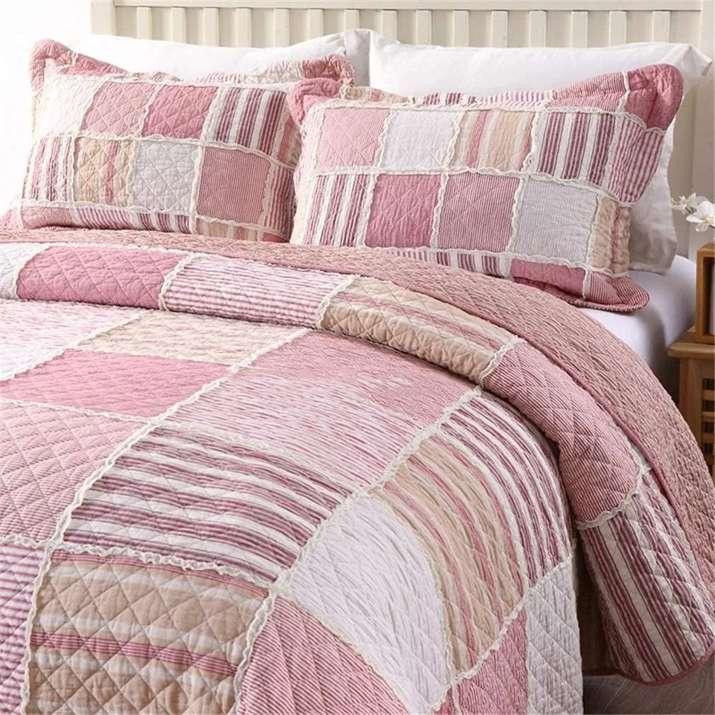 روتختی پنبه‌ای طرح‌دار سایز خیلی بزرگ، صورتی سفید، سه تکه، طرح راه‌راه زیبا، دست‌دوز، لحاف تکه‌ای/ست روبالشی، ابعاد 230 در 250 سانتی‌متر