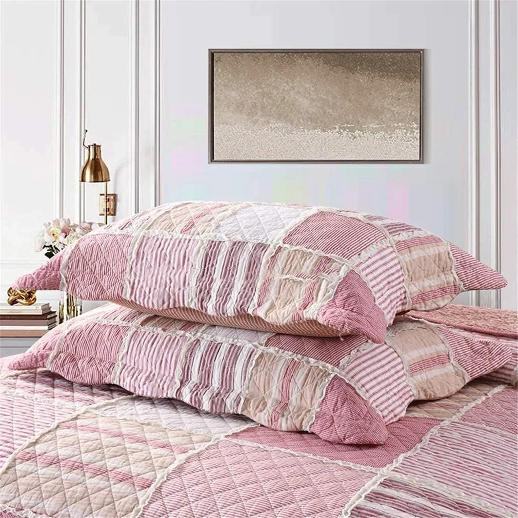 روتختی پنبه‌ای طرح‌دار سایز خیلی بزرگ، صورتی سفید، سه تکه، طرح راه‌راه زیبا، دست‌دوز، لحاف تکه‌ای/ست روبالشی، ابعاد 230 در 250 سانتی‌متر