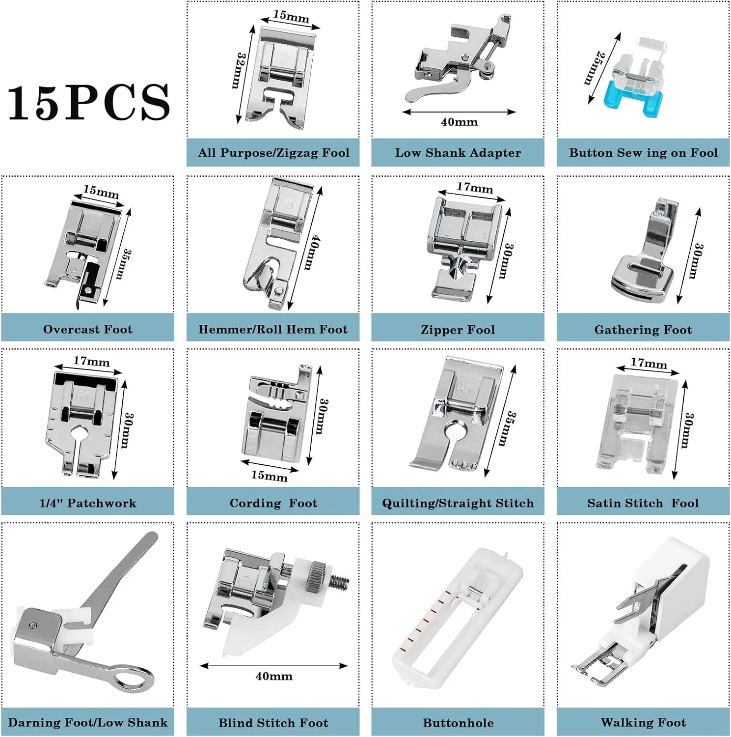 کیت پایه های دوخت چرخ خیاطی 15 تکه یونیورسال - مناسب برای Babylock Janome Brother New Home Singer Kenmore Simplicity Toyota N کیت پایه های دوخت چرخ خیاطی 15 تکه یونیورسال - مناسب برای Babylock Janome Brother New Home Singer Kenmore Simplicity Toyota N