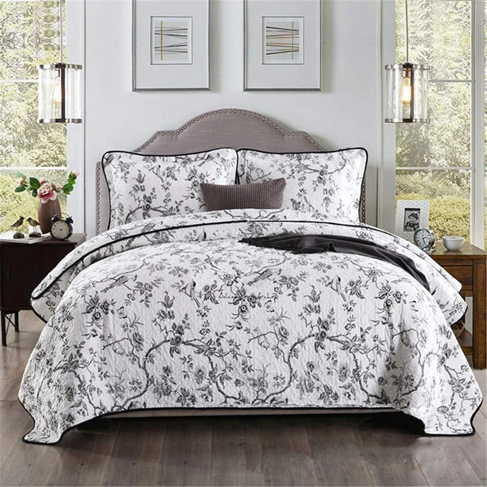 روتختی طرح دار گلدار پروانه ای آبی پنبه ای 240 در 260 سانتی متر، لحاف تکه دوزی شده، روتختی و پتوی تزئینی مناسب اتاق خواب، به همراه 2 روبالشتی، ست 3 تکه