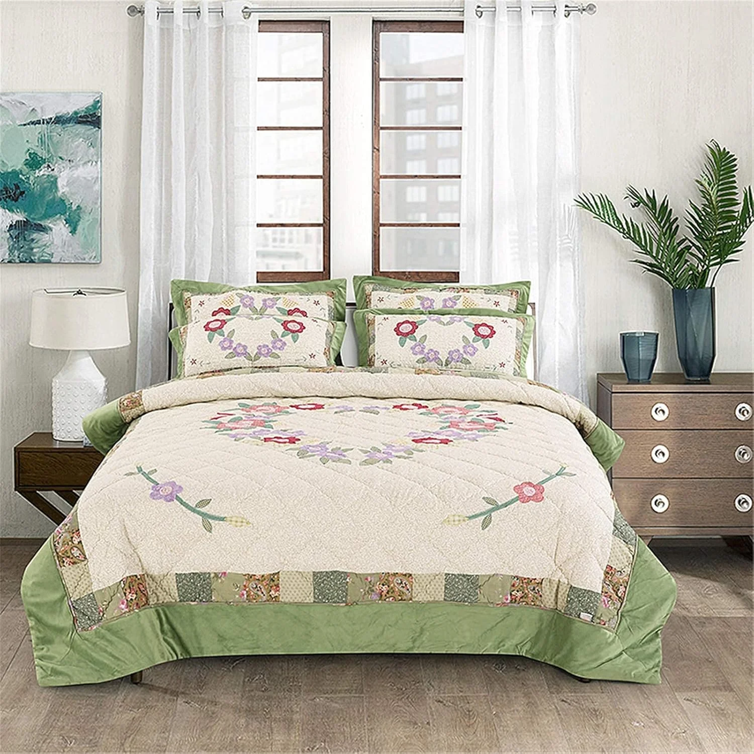 روتختی پنبه ای طرح گل ساده و زیبا، ست روتختی لحاف دار 3 تکه سایز کینگ، پتو و رو بالشتی تک نفره مناسب دکور اتاق خواب دخترانه، سبز - 150 * 210 سانتی متر