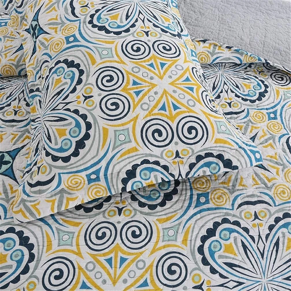 روتختی طرح دار گلدار پروانه ای آبی پنبه ای 240 در 260 سانتی متر، لحاف تکه دوزی شده، روتختی و پتوی تزئینی مناسب اتاق خواب، به همراه 2 روبالشتی، ست 3 تکه