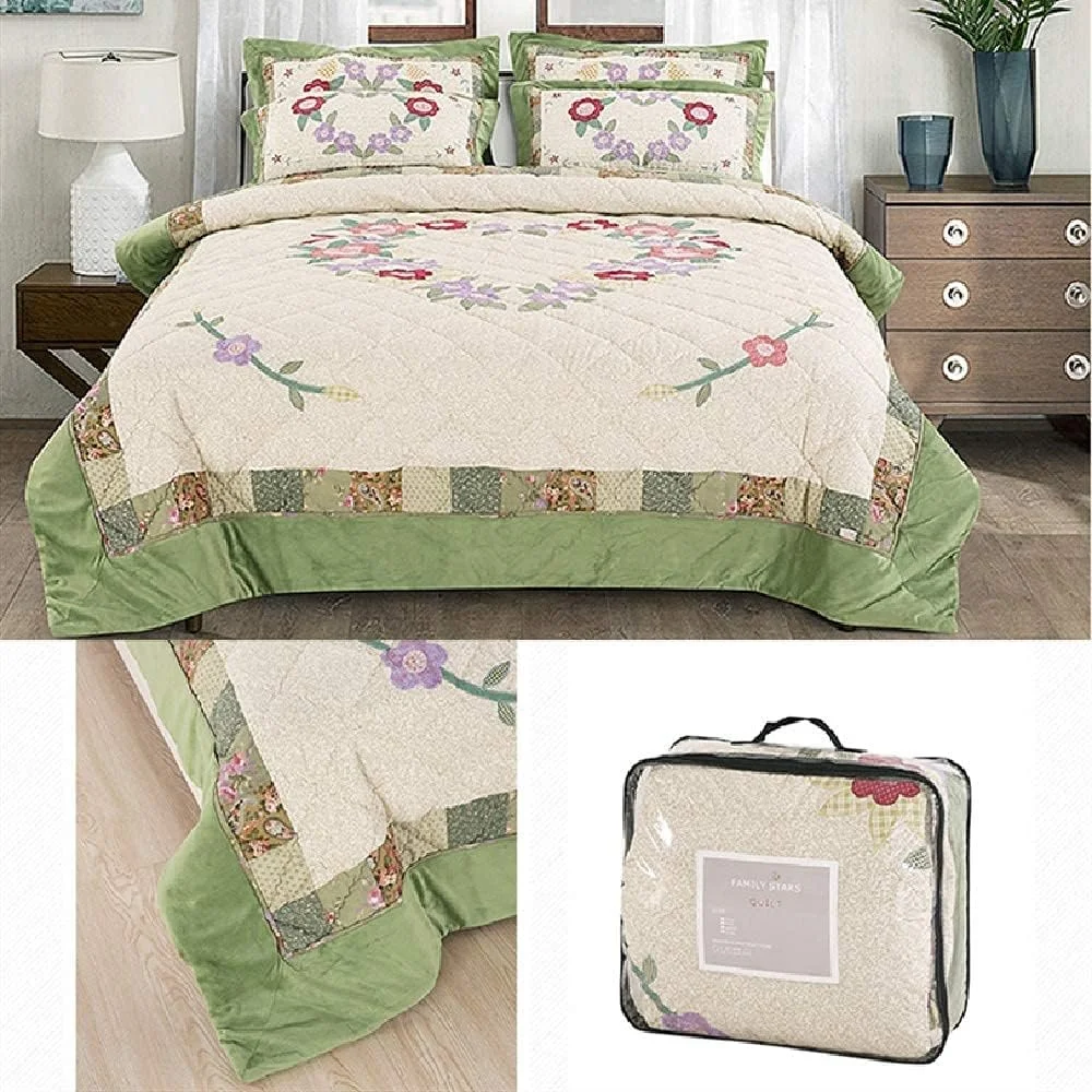 روتختی پنبه ای طرح گل ساده و زیبا، ست روتختی لحاف دار 3 تکه سایز کینگ، پتو و رو بالشتی تک نفره مناسب دکور اتاق خواب دخترانه، سبز - 150 * 210 سانتی متر