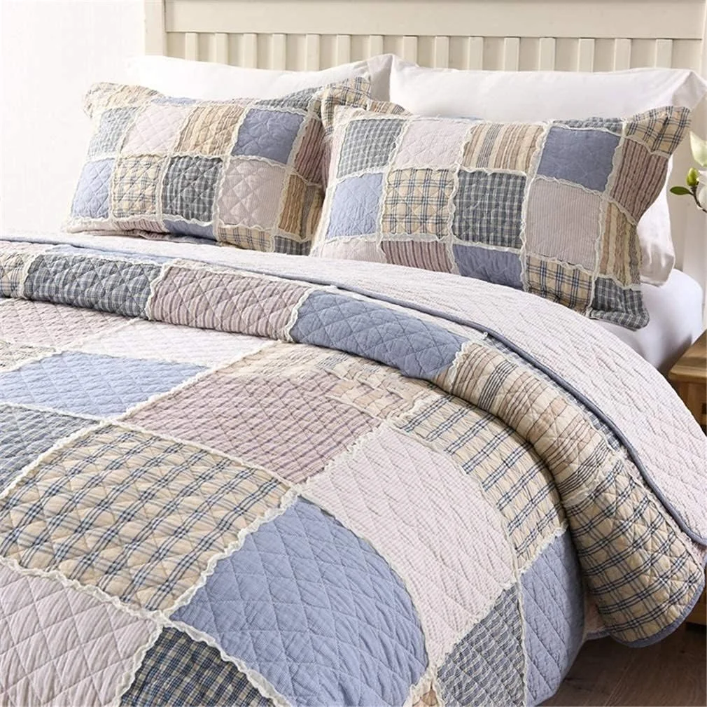 روتختی کینگ سایز پنبه‌ای طرح راه راه آبی و سفید، سه تکه، دست‌دوز، تکه‌دوزی شده، به همراه 2 روبالشتی، ابعاد 230 در 250 سانتی‌متر