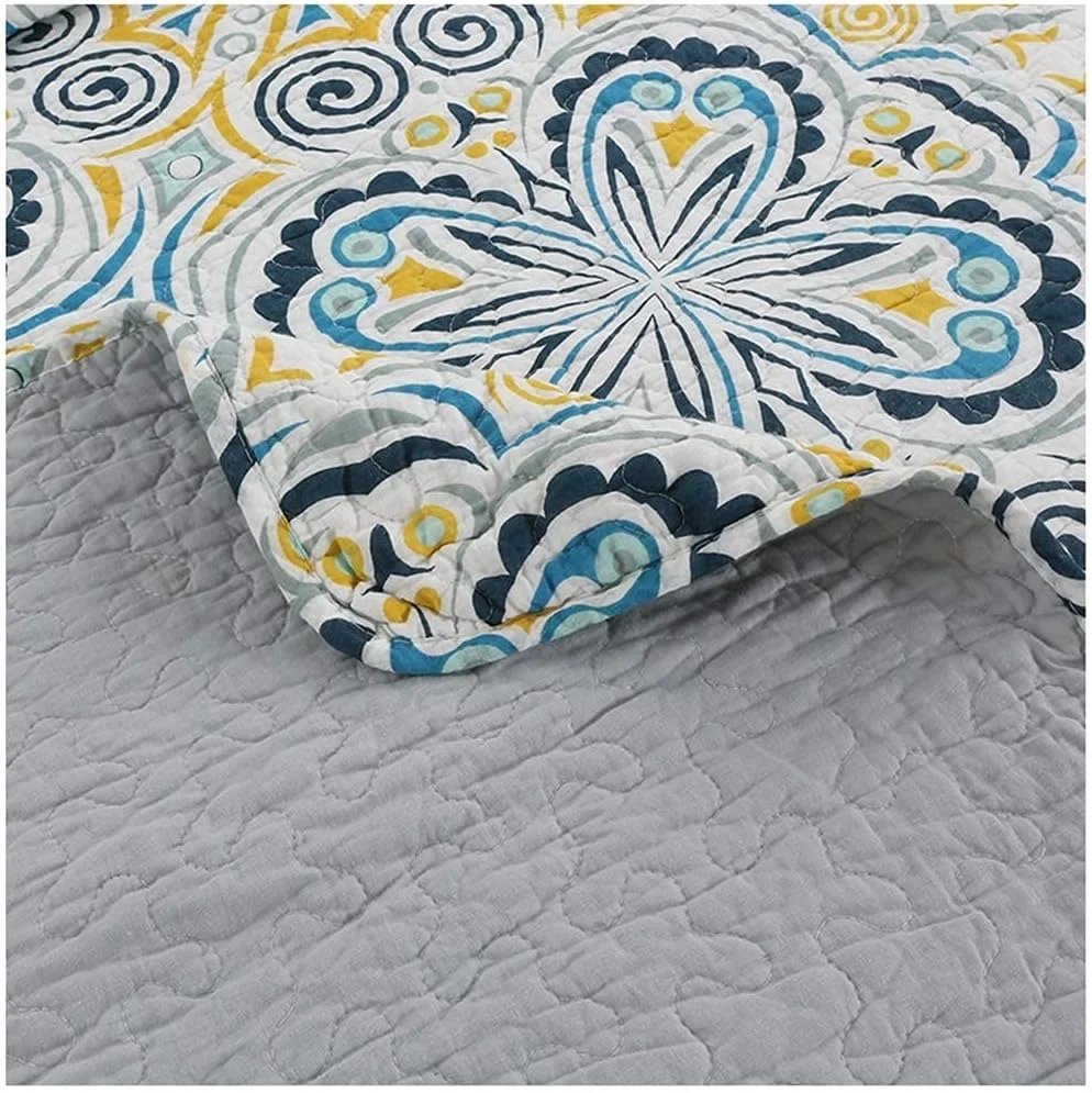 روتختی طرح دار گلدار پروانه ای آبی پنبه ای 240 در 260 سانتی متر، لحاف تکه دوزی شده، روتختی و پتوی تزئینی مناسب اتاق خواب، به همراه 2 روبالشتی، ست 3 تکه