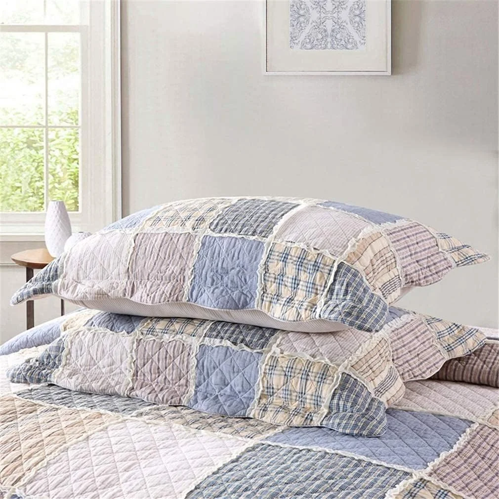 روتختی کینگ سایز پنبه‌ای طرح راه راه آبی و سفید، سه تکه، دست‌دوز، تکه‌دوزی شده، به همراه 2 روبالشتی، ابعاد 230 در 250 سانتی‌متر