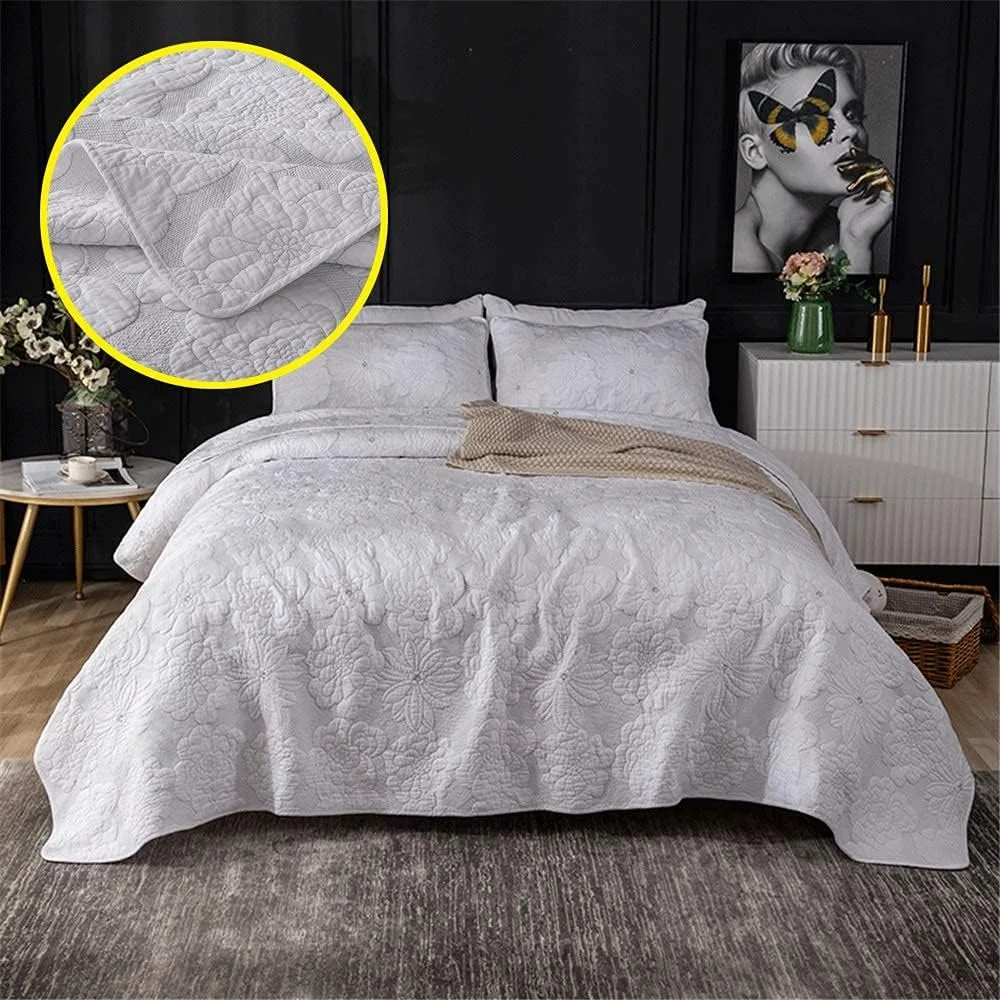 روتختی لحاف‌دوزی شده سفید GBMULG، ست 3 تکه پنبه‌ای گلدوزی شده طرح گل، رو تختی نرم سایز سوپر کینگ با 2 روبالشی، 230 * 250 سانتی‌متر، -230 * 250 سانتی‌متر