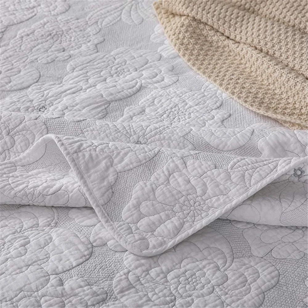 روتختی لحاف‌دوزی شده سفید GBMULG، ست 3 تکه پنبه‌ای گلدوزی شده طرح گل، رو تختی نرم سایز سوپر کینگ با 2 روبالشی، 230 * 250 سانتی‌متر، -230 * 250 سانتی‌متر