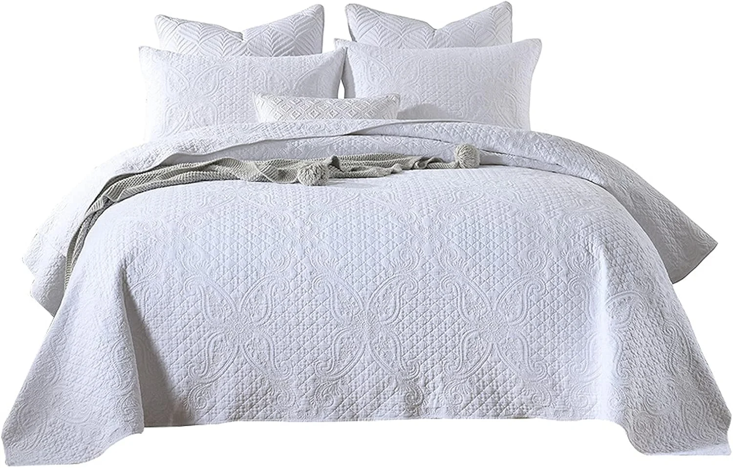 روتختی پنبه‌ای سفید طرح‌دار سه تکه، لحاف روتختی نرم و لطیف با تکه‌دوزی گل‌دار، سایز سوپر کینگ 230x250 سانتی‌متر به همراه 2 روبالشتی 50x70 سانتی‌متر