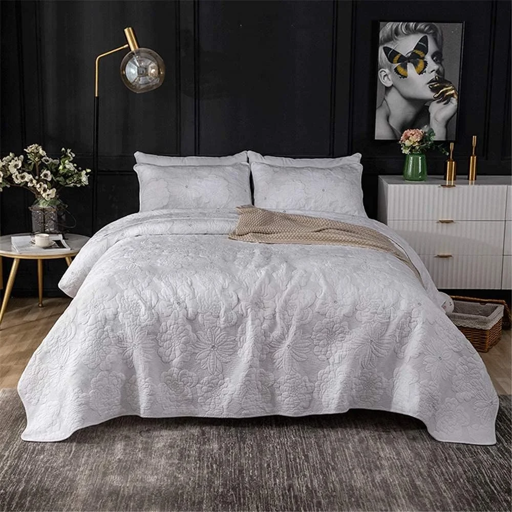 روتختی لحاف‌دوزی شده سفید 3 تکه پنبه‌ای گلدوزی شده طرح گل، سایز خیلی بزرگ، لحاف نرم با 2 روبالشتی، 230 * 250 سانتی‌متر، -250 * 270 سانتی‌متر