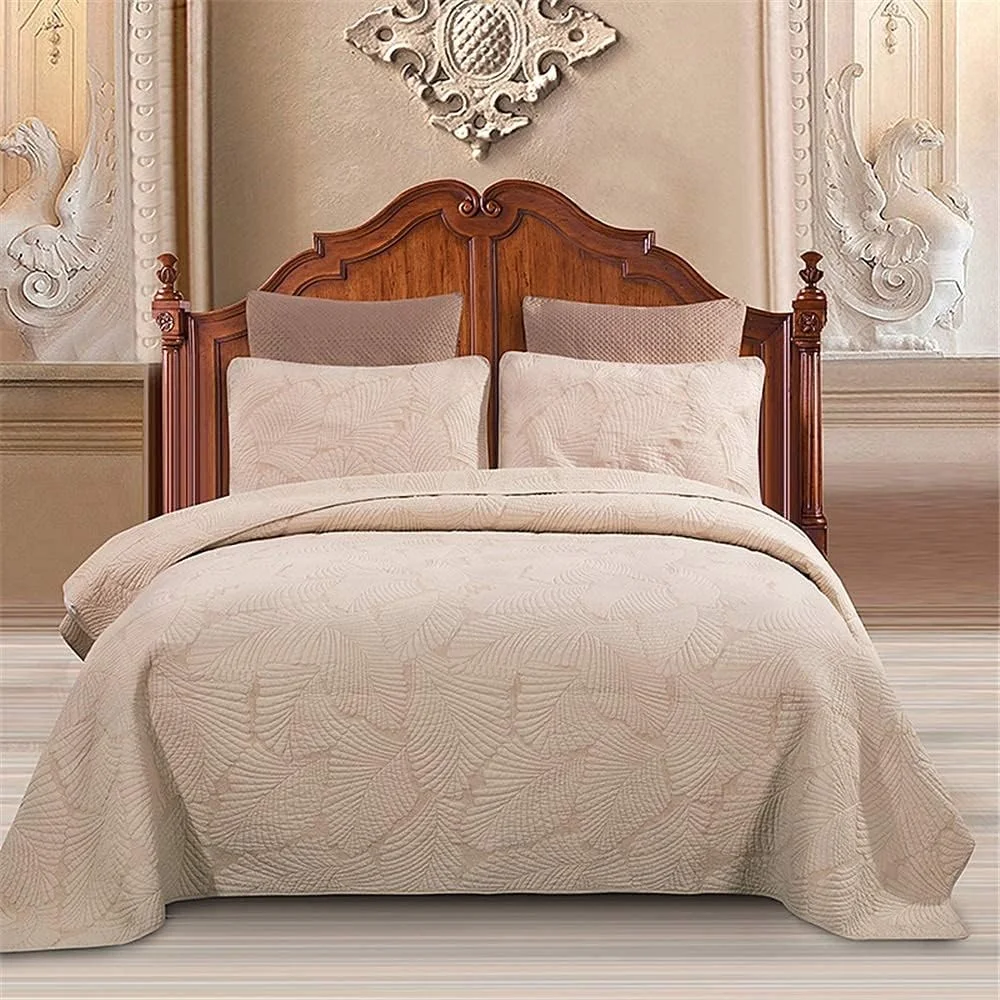 ست روتختی سه تکه رنگ خالص با طرح برجسته، لحاف پنبه ای چند منظوره، روانداز/ملحفه/روکش تخت مناسب تمام فصول به همراه 2 روبالشی، بژ - 230×250 سانتی متر