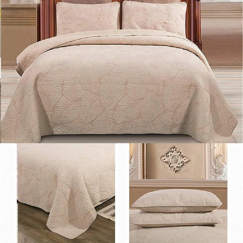 ست روتختی سه تکه رنگ خالص با طرح برجسته، لحاف پنبه ای چند منظوره، روانداز/ملحفه/روکش تخت مناسب تمام فصول به همراه 2 روبالشی، بژ - 230×250 سانتی متر