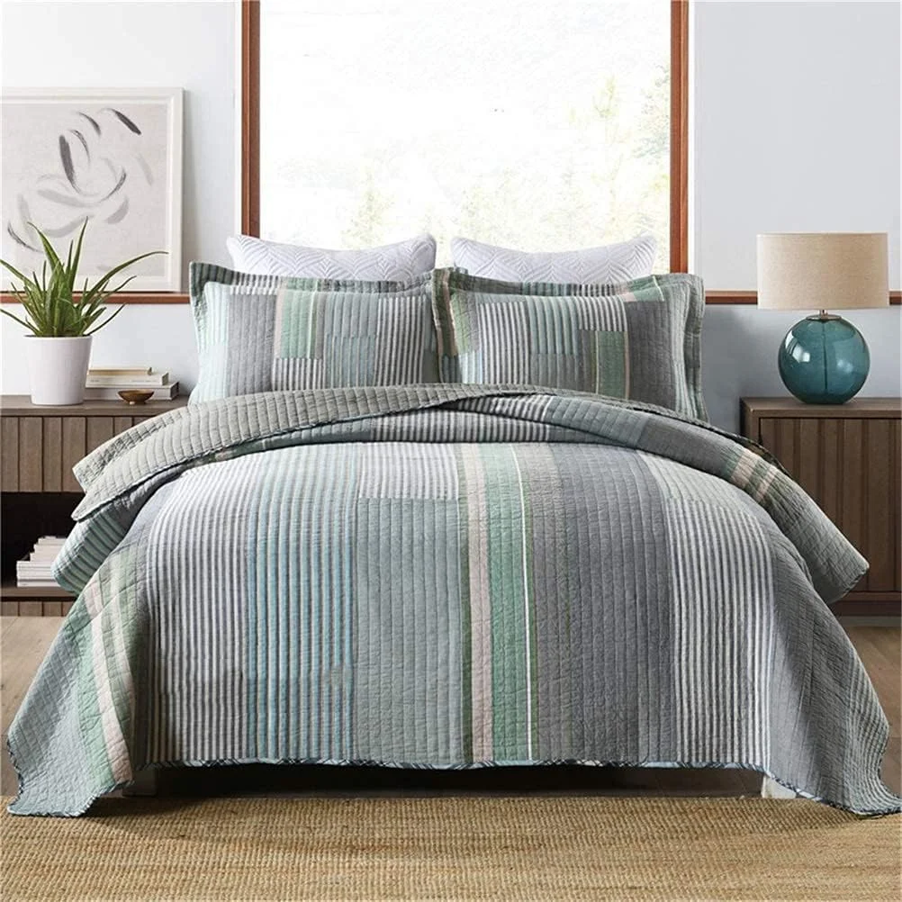 روتختی تکه دوزی اتاق خواب 230X250 سانتی متر طرح راه راه شیک روتختی پنبه ای لحافی برای تخت دو نفره مبل کاناپه پتو، آبی، آبی