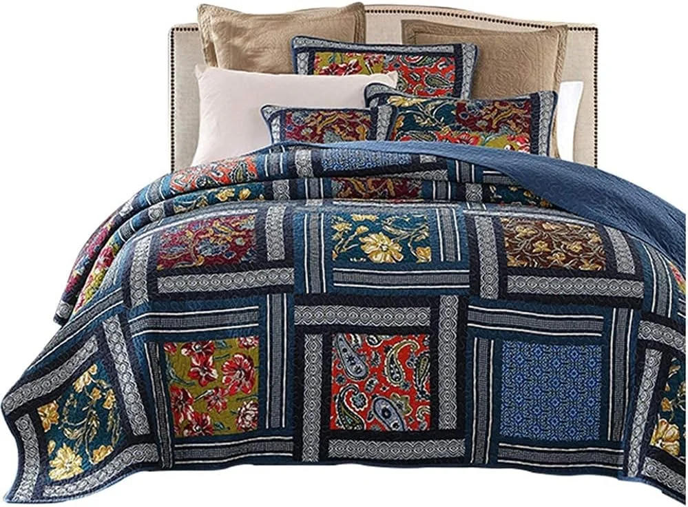 روتختی لحافی سه تکه پنبه ای طرح تکه دوزی آبی، 230 در 250 سانتی متر