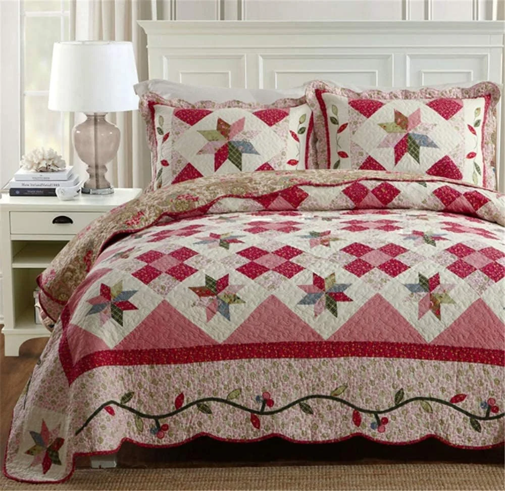 روتختی تکه دوزی شده کینگ سایز GBMULG، طرح گلدار صورتی، پنبه ای، سه تکه، لحاف سبک وزن، رو تختی 230x250 سانتی متر