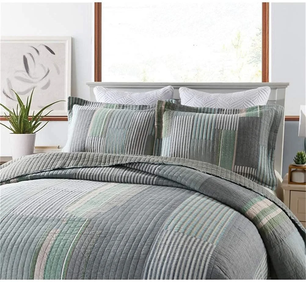 روتختی تکه دوزی اتاق خواب 230X250 سانتی متر طرح راه راه شیک روتختی پنبه ای لحافی برای تخت دو نفره مبل کاناپه پتو، آبی، آبی