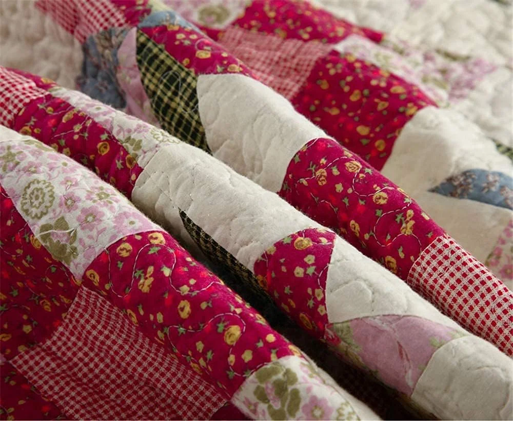 روتختی تکه دوزی شده کینگ سایز GBMULG، طرح گلدار صورتی، پنبه ای، سه تکه، لحاف سبک وزن، رو تختی 230x250 سانتی متر