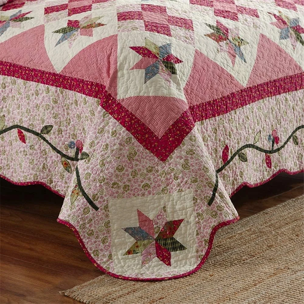 روتختی تکه دوزی شده کینگ سایز GBMULG، طرح گلدار صورتی، پنبه ای، سه تکه، لحاف سبک وزن، رو تختی 230x250 سانتی متر